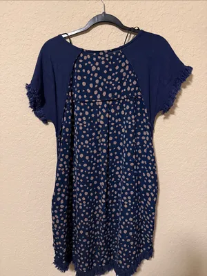 Umgee Navy Tunic Dress with Taupe Spot Print on back small thumbnail 2