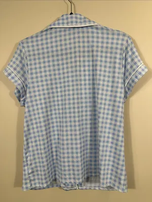 Jaclyn Intimate Blue White Gingham Plaid Stretch Pajama Sleep Shirt Large Pocket thumbnail 2
