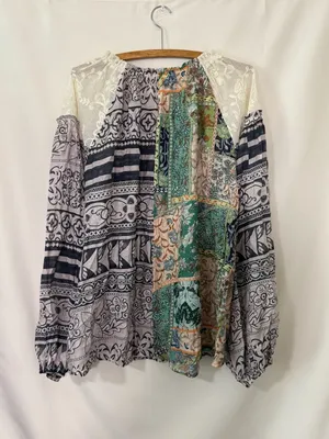 Easel Patchwork Blouse Size 1X Multicolor Boho Long Sleeve Lace Trim thumbnail 2