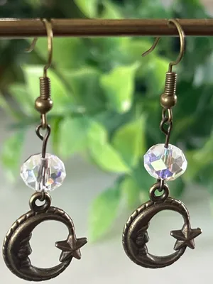 Handmade Celestial Moon & Star Dangle brass Earrings with Iridescent Crystal thumbnail 2