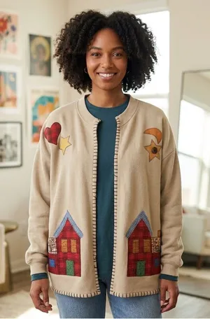 Jerzees VTG Cottagecore Granny Twee Patchwork Farmhouse Beige Cardigan Large. thumbnail 1