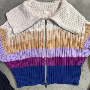 Women's Chunky Knit Colorblock Ribbed Knit Full Zip Sweater Size S Cropped Retro thumbnail 4