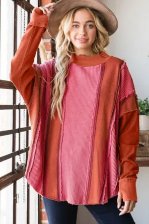 NEW Red and Pink Waffle Knit Exposed Seam Patchwork Top Size M thumbnail 3