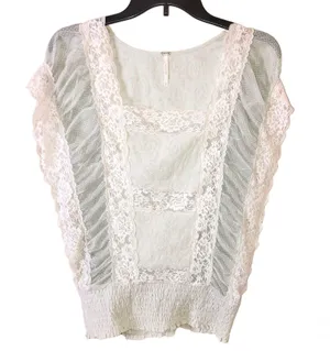 Free People Vintage Mixed lace Sheer Smocked Top Light Blue XS thumbnail 1