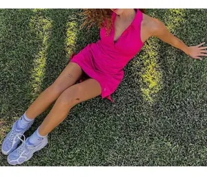 Alo Charmed Tennis Dress Magenta Crush Button-Up V-Neck Sleeveless Henley Mini L thumbnail 7