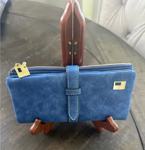 Friend Blue Faux Suede Long Bifold Wallet Gold Tone Hardware Zipper Pocket thumbnail 1
