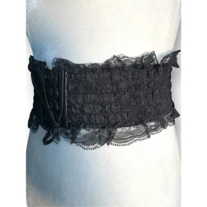 Deadstock Vintage Y2K Black Lace Corset Belt Leather Trim Statement Wide Cincher thumbnail 4