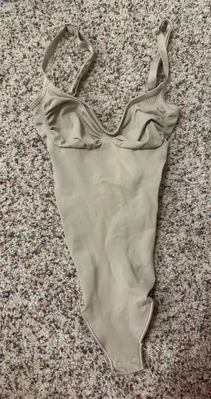 Skims Tan Ribbed Bodysuit with Underwire Cups thumbnail 1