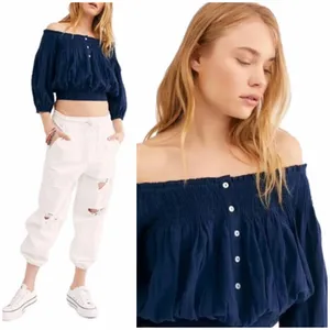 Free People We the Free Navy Blue Dancing Till Dawn Off Shoulder Crop Top XS thumbnail 8