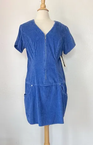 Vintage 80s Deadstock Blue Corduroy Short Sleeve Zip-Front Dress thumbnail 1