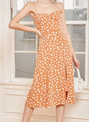 Lulus Party In Paris Light Orange Print Tie-strap Midi Dress - Size XS thumbnail 1