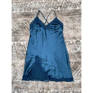 Teal Blue Satin Lace Slip Dress Chemise M Y2K Lingerie Aesthetic Feminine Coquet thumbnail 13