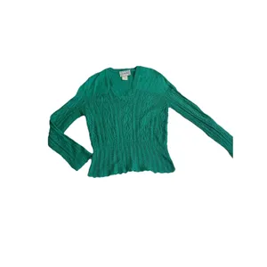 VTG Leslie Fay Sweater Size 10 Green Crochet V Neck Pointelle thumbnail 2