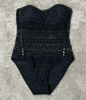New Large Black Strapless Sheer Crochet One Piece Swim Suit with Button Detail thumbnail 3