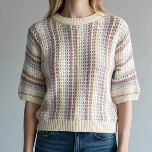 Penroye Women's Sweater Knit Short Sleeve Crew Neck Cream Multicolor thumbnail 1
