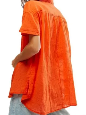 NWOT Free People Float Away Button Front Short Sleeve Shirt XS Orange thumbnail 4