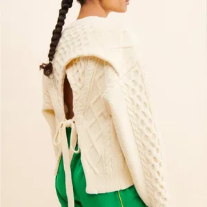 Anthropologie VIGOSS‎ Cable Knit Tie Back Sweater in Cream thumbnail 2