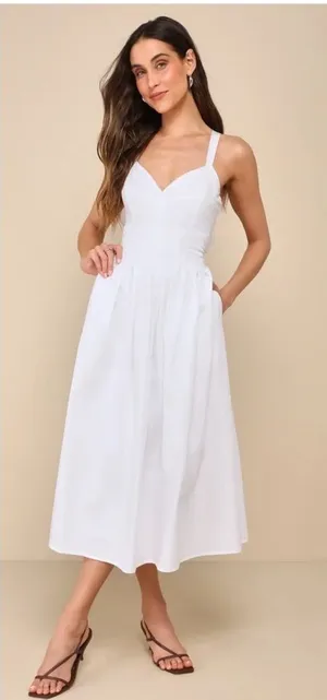 Lulus Strolling Sicily White Pleated Backless Midi Dress With Pockets thumbnail 1