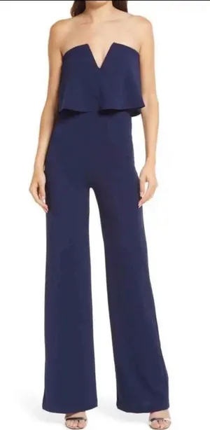 Lulu's Strapless Navy V-Notch Wide-Leg Jumpsuit thumbnail 1