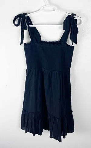 AERIE Black Smocked Bodice Tie Shoulder Straps Ruffle Trim Dress Size XS Casual thumbnail 1