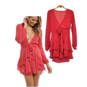 For Love & Lemons Coral Clip Dot Ruffle Mini Dress Deep V-Neck Long Sleeve Small thumbnail 2