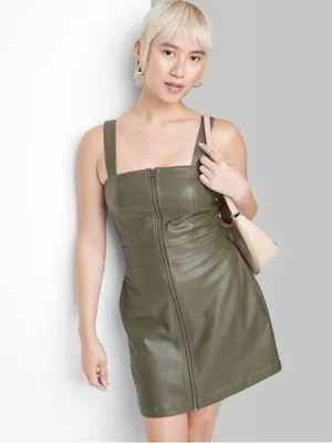 NWT Wild Fable faux leather zip-front mini pinafore dress in olive green thumbnail 3