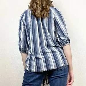 Rain Chambray Blue Striped Knot Hem Half Sleeve Blouse Blue Size M thumbnail 2