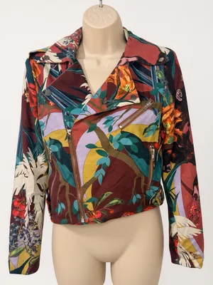 RIVIR Cropped Moto Jacket Size S NWT Tropical Jungle Print Zip thumbnail 3