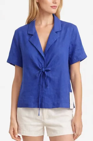 Calypso St. Barth Blue 100% Linen Tie Front Blouse XS NWT Lightweight Summer Top thumbnail 1