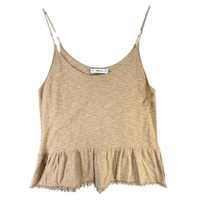 Zara Knit Peplum Camisole Top Women M Tan‎ Fringe Hem Spaghetti Strap Boho Chic thumbnail 2