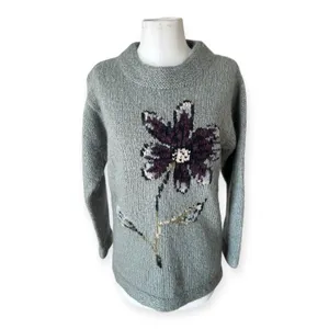 Garnet Hill Chunky Green Mohair Wool Hand Knit Sweater Floral Women's Small Cozy thumbnail 2
