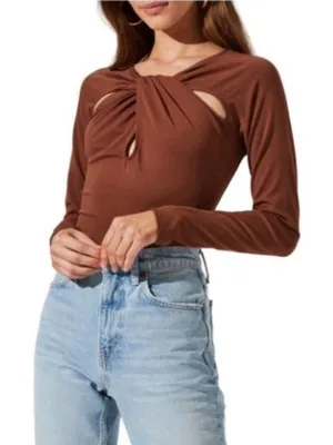 ASTR the Label Brown Twist Front Cutout‎ Long Sleeve Bodysuit Medium thumbnail 1