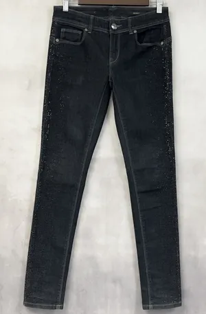 Cache Skinny Low Rise Jeans Women‎ 2 Black Rhinestone Stretch Y2K McBling thumbnail 1