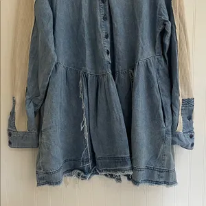 FREE PEOPLE Kenny Denim Mini Dress Tunic Waffle Raw Hem Boho Babydoll Size S thumbnail 8