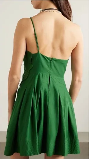 Farm Rio Lea Leaf Mini Dress One Shoulder Linen‎ Blend Green Small thumbnail 1
