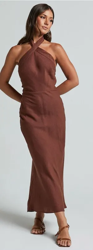 SHOWPO Maelynn Linen Twist Halter Neck Low Back Slip Dress In Chocolate thumbnail 1