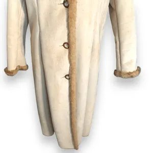 Vintage 90s Longline Cream Vegan Suede Leather Coat Faux Fur Collar Trim Large‎ thumbnail 6