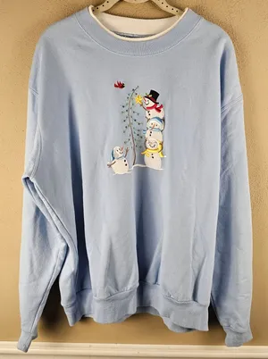 Vintage Morning Sun Womens Blue Christmas Snowman Sweater XL Grannycore thumbnail 1