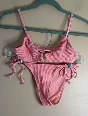 aerie Pink Ribbed Tie-Side Bikini Set thumbnail 1