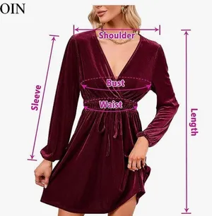 Women's Velvet Dress Wrap V Neck Pleated Waist Long Sleeve Casual Party Skater Dresses thumbnail 10