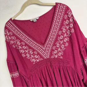 American Eagle Embroidered Boho Top Sz XL Pink Balloon Sleeves thumbnail 5