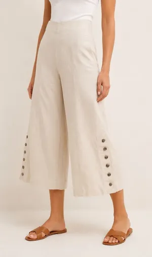 Anthropologie Women's 2 Linen Blend Wide Leg Sailor Pants Cream Side Buttons thumbnail 1