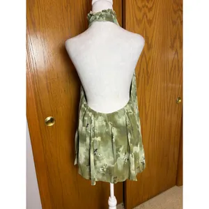 Anthropologie Sage Green Abstract Floral High Neck Open Back Halter Top Size M thumbnail 6
