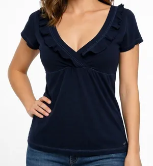 Hollister Navy Blue Ruffle V-Neck Babydoll Knit Top Small Coquette Y2K Aesthetic thumbnail 1