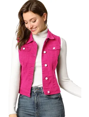 NWT Allegra K Fuchsia Denim Vest Button Front Flap Pocket Slim‎ XS thumbnail 1