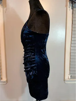 Windsor Navy Blue Velvet Bodycon Dress Ruched Wrap Mini Spaghetti Strap Deep V Cocktail thumbnail 2