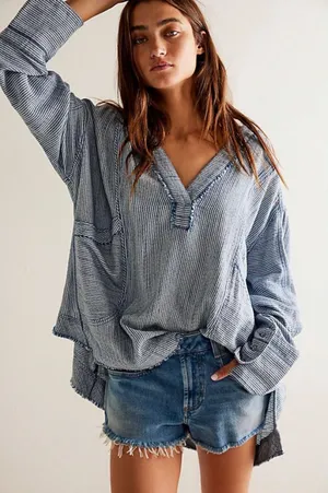 Free People Bohemian By The Shore Tunic Shirt Indigo Stripe Small Coastal thumbnail 1
