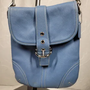 Coach Crossbody Saddle Bag Purse Womens Blue Leather Buckle Flap Soho thumbnail 2