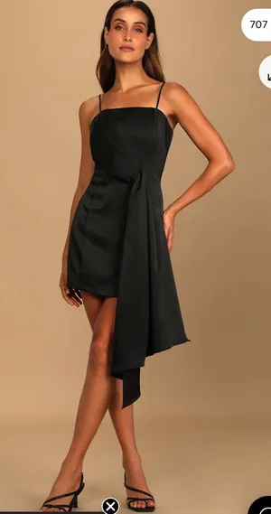 Lulus Romantic Allure Black Satin Asymmetrical Mini Dress Medium Party Cocktail thumbnail 1