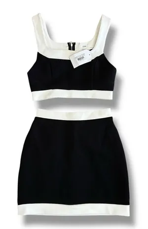 LENA “Jumpin’ On A Jet Set” Black & White Two-Piece Crop Top &‎ Mini Skirt S NWT thumbnail 1